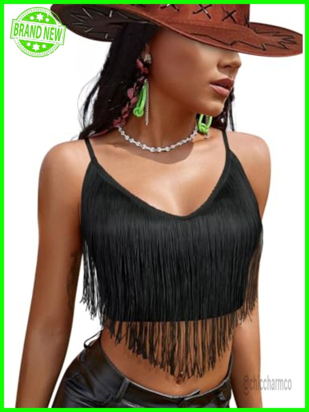 Women's Fringe Tank Top Sleeveless V-Neck Crop Western Concert Rave